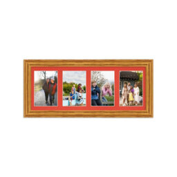 AK Frames 50X20Cm Oak Classic Multi Photo Frame With Poppy Red Mount - Holds 4 Apertures (4X) 6X4 Photos