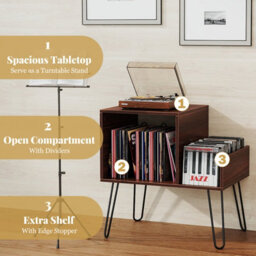 Gainoom Walnut Record Player Stand Turntable Stand Mid-Century Modern End Table With Power Outlet - thumbnail 6