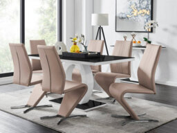 Furniturebox Giovani Rectangular 6 Seat White High Gloss Halo Structural Dining Table Black Glass Top And 6 Beige Faux Leather Willow Chairs