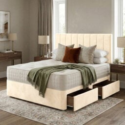 Adore Designs Portland Plush Velvet Divan Bed, Headboard - 4Ft Small Double - Cream - 2 Drawers Foot End - thumbnail 1