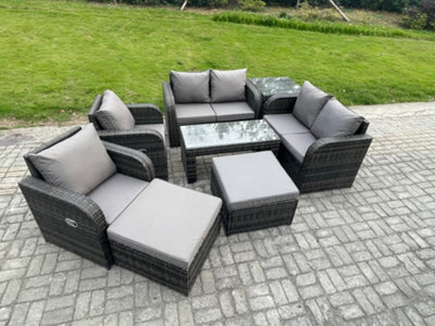 Fimous 8 Pcs Garden Furniture Set Rattan Outdoor Lounge Sofa Table Chair With Tempered Glass Table Dark Grey Mixed - image 1