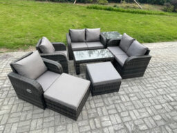 Fimous 8 Pcs Garden Furniture Set Rattan Outdoor Lounge Sofa Table Chair With Tempered Glass Table Dark Grey Mixed - thumbnail 1