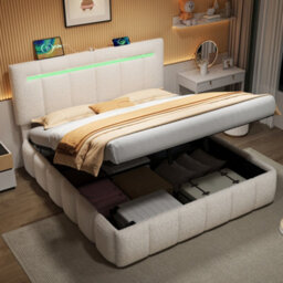 Btm 5Ft King Upholstered Bed Frame With Hydraulic Storage Led Adjustable Headboard Charging Ports Boucle Beige No Mattress - thumbnail 5