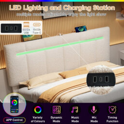 Btm 5Ft King Upholstered Bed Frame With Hydraulic Storage Led Adjustable Headboard Charging Ports Boucle Beige No Mattress - thumbnail 7