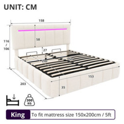Btm 5Ft King Upholstered Bed Frame With Hydraulic Storage Led Adjustable Headboard Charging Ports Boucle Beige No Mattress - thumbnail 9