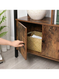 LEDREM Bookshelf, Storage Shelf With Doors, 4 Shelves, For Living Room, Office, Rustic Brown And Ink Black - thumbnail 6