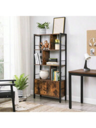 LEDREM Bookshelf, Storage Shelf With Doors, 4 Shelves, For Living Room, Office, Rustic Brown And Ink Black - thumbnail 4