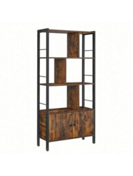 LEDREM Bookshelf, Storage Shelf With Doors, 4 Shelves, For Living Room, Office, Rustic Brown And Ink Black - thumbnail 2