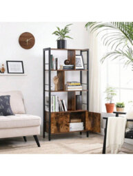 LEDREM Bookshelf, Storage Shelf With Doors, 4 Shelves, For Living Room, Office, Rustic Brown And Ink Black - thumbnail 1