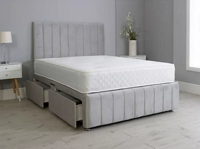 Comfy Deluxe 6Ft Superking Panel Silver Plush Divan Bed Set Headboard & Footboard 2 Drawers Right Side - image 1