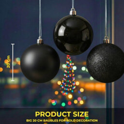Shatchi Set Of 3 - 20Cm Black Christmas Baubles (Glossy, Matte, Glitter) Décor Pack - thumbnail 6