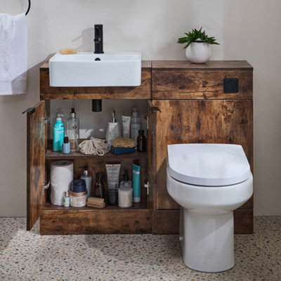 Homestylestore 1050mm Dark Oak Bathroom Combination Vanity Toilet Wc Unit With Black Finger Pull Handle - image 1