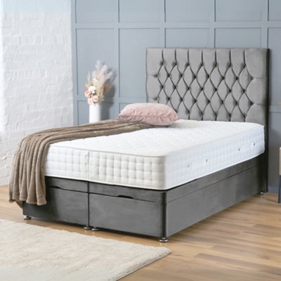 Bsspoke Ottoman Divan Bed Grey Velvet With Free Mattress & 54Inch Chesterfield Headboard End Lift Up Storage 4Ft 5Ft 6Ft - image 1
