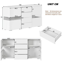 Btm Matt & High Gloss White Sideboard Cabinet Storage Cupboard Unit 16 Colours Led Lighted For Dining Room Living Room - thumbnail 8