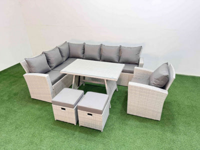 Fimous Garden Outdoor Rattan Furniture Set Rattan Corner Sofa Oblong Dining Table With Armchair Light Grey Mixed 9 Seater - image 1