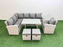 Fimous Garden Outdoor Rattan Furniture Set Rattan Corner Sofa Oblong Dining Table With Armchair Light Grey Mixed 9 Seater - thumbnail 2