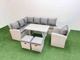 Fimous Garden Outdoor Rattan Furniture Set Rattan Corner Sofa Oblong Dining Table With Armchair Light Grey Mixed 9 Seater - thumbnail 1