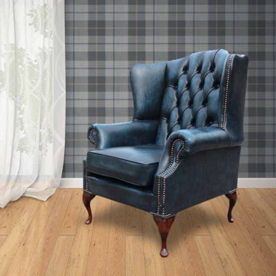 Chesterfield High Back Wing Chair Antique Blue Real Leather Bespoke In Mallory Style - image 1
