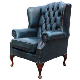 Chesterfield High Back Wing Chair Antique Blue Real Leather Bespoke In Mallory Style - thumbnail 2