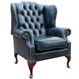 Chesterfield High Back Wing Chair Antique Blue Real Leather Bespoke In Mallory Style - thumbnail 3
