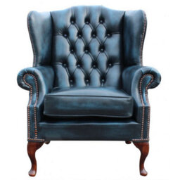 Chesterfield High Back Wing Chair Antique Blue Real Leather Bespoke In Mallory Style - thumbnail 4