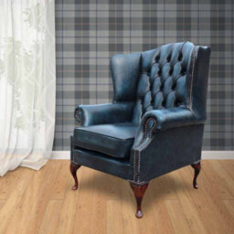 Chesterfield High Back Wing Chair Antique Blue Real Leather Bespoke In Mallory Style - thumbnail 1