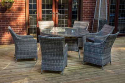 Sh&g Tintagel 6 Seat Dining Table Set - 7 Piece Round Table & Chairs - Aluminium & Grey Rattan With Dark Grey Cushions - Outdoor - image 1
