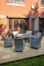 Sh&g Tintagel 6 Seat Dining Table Set - 7 Piece Round Table & Chairs - Aluminium & Grey Rattan With Dark Grey Cushions - Outdoor - thumbnail 2