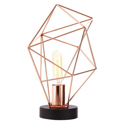 Orsina Polished Copper Angular Wire Table Lamp, Triangular Wire Frame Lamp, Modern Table Lamp With Matte Black Base