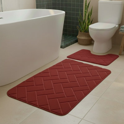 2 Piece Block Design Memory Foam Bath Mat Set Soft Absorbent Non-Slip Bathroom Red - image 1