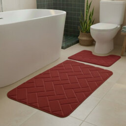 2 Piece Block Design Memory Foam Bath Mat Set Soft Absorbent Non-Slip Bathroom Red - thumbnail 1
