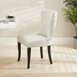 The Furniture Market Boudoir Natural Oatmeal Fabric Wing Back Dining Chair Deep Button Back Chrome Stud Detailing Black Satin Legs Sprung Base - thumbnail 3