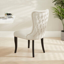 The Furniture Market Boudoir Natural Oatmeal Fabric Wing Back Dining Chair Deep Button Back Chrome Stud Detailing Black Satin Legs Sprung Base - thumbnail 2
