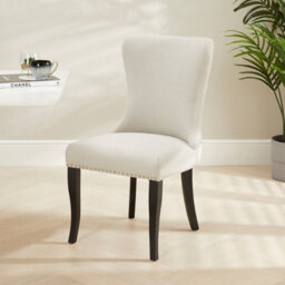 The Furniture Market Boudoir Natural Oatmeal Fabric Wing Back Dining Chair Deep Button Back Chrome Stud Detailing Black Satin Legs Sprung Base - thumbnail 4