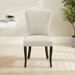 The Furniture Market Boudoir Natural Oatmeal Fabric Wing Back Dining Chair Deep Button Back Chrome Stud Detailing Black Satin Legs Sprung Base - thumbnail 6