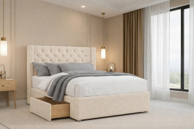 "Nexus Windsor Teddy Divan, Cream, 54"" Winged Hb, 2 Drawers Foot-End, Open Coil Mattress, Super King" - image 1