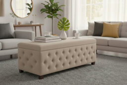 180Cm Wide Empire Ottoman Storage Box With Legs, Cream Velvet Chesterfield Upholstered Ottoman Footstool Coffee Table