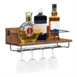 Wall Mounted Wine Rack Rustic Floating With Metal Guardrail Wine Glass Holder - thumbnail 4