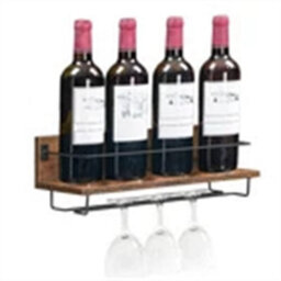 Wall Mounted Wine Rack Rustic Floating With Metal Guardrail Wine Glass Holder - thumbnail 3