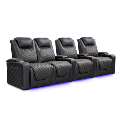 Valencia Oslo Ultimate Luxury Edition Home Theater Seating Row Of 4 Loveseat Left Onyx Gold Stitching - image 1