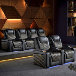 Valencia Oslo Ultimate Luxury Edition Home Theater Seating Row Of 4 Loveseat Left Onyx Gold Stitching - thumbnail 2