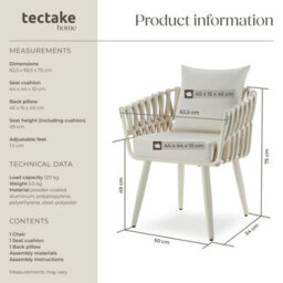 Tectake Aluminium Garden Chair Lugano In Rope Weave Design With Thick Seat & Back Cushions - Beige - Per Piece - thumbnail 6