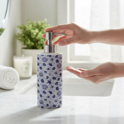 Purely Home Striped Seashells Stainless Steel Soap Dispenser - Navy Blue Pump Action Refillable Bathroom & Kitchen Décor - thumbnail 2