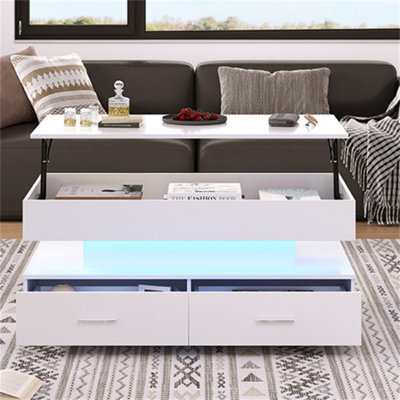 Abrihome Modern Hydraulic Lift-Top Coffee Table With Led Lights & Storage - 2 Drawers, White, For Living Room & Reception Areas