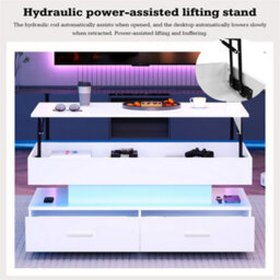 Abrihome Modern Hydraulic Lift-Top Coffee Table With Led Lights & Storage - 2 Drawers, White, For Living Room & Reception Areas - thumbnail 2