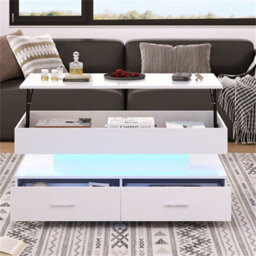 Abrihome Modern Hydraulic Lift-Top Coffee Table With Led Lights & Storage - 2 Drawers, White, For Living Room & Reception Areas - thumbnail 1