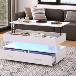 Abrihome Modern Hydraulic Lift-Top Coffee Table With Led Lights & Storage - 2 Drawers, White, For Living Room & Reception Areas - thumbnail 9