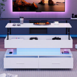 Abrihome Modern Hydraulic Lift-Top Coffee Table With Led Lights & Storage - 2 Drawers, White, For Living Room & Reception Areas - thumbnail 8