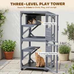 Pawhut Outdoor Catio, Wooden Cat House On Exercise Wheels Indoor Outdoor - thumbnail 4
