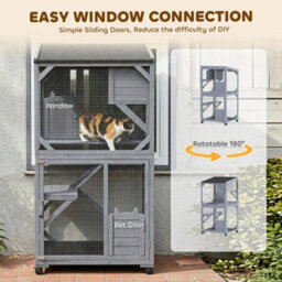 Pawhut Outdoor Catio, Wooden Cat House On Exercise Wheels Indoor Outdoor - thumbnail 6